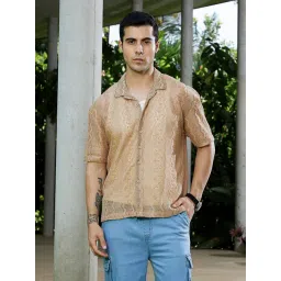 Campus Sutra Sand Beige Swirl Open-Knit Resort Shirt-picture-28