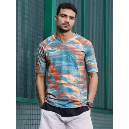 Campus Sutra Sky Blue Rust Orange Lined-Dye Activewear T-Shirt-picture-31