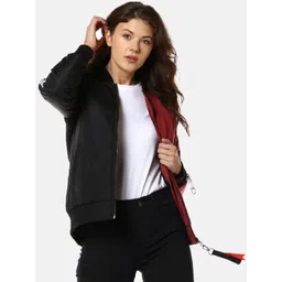 Campus Sutra Women Black & Maroon Colourblocked Windcheater Bomber-picture-16