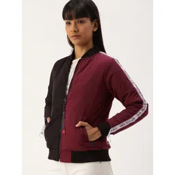Campus Sutra Women Black & Maroon Colourblocked Windcheater Bomber Jacket with Side Taping-picture-14
