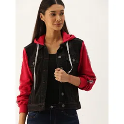 Campus Sutra Women Black & Red Colourblocked Windcheater Longline Outdoor Denim Jacket-picture-42