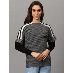 Campus Sutra Women Black & White Checked Pullover Woolen sweater-picture-35