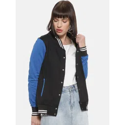 Campus Sutra Women Black And White Colourblocked Bomber Jacket-picture-26