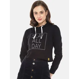 Campus Sutra Women Black & White Typography Printed Hooded Crop Sweatshirt-picture-41