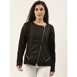 Campus Sutra Women Black Collarless Biker Jacket-picture-10