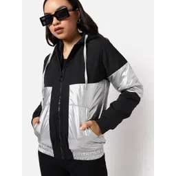 Campus Sutra Women Black Colourblocked Windcheater Outdoor Bomber Jacket-picture-24