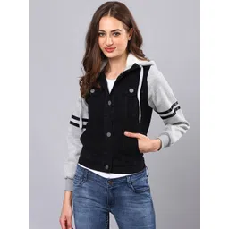 Campus Sutra Women Black Grey Colourblocked Windcheater Denim Jacket-picture-40