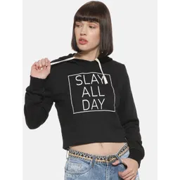 Campus Sutra Women Black Printed Hooded Crop Length Sweatshirt-picture-18