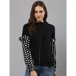 Campus Sutra Women Black Sleeve Patch with Polka Print Front-Open Sweatshirt-picture-31