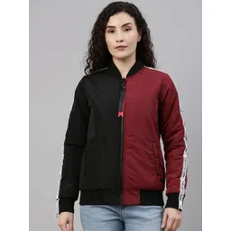 Campus Sutra Women Black& Maroon Colourblocked Windcheater Outdoor Bomber Jacket-picture-15