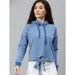 Campus Sutra Women Blue & White Striped Tie-Ups Hem Hooded Pullover Sweatshirt-picture-27