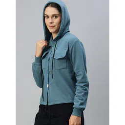 Campus Sutra Women Blue Hooded Front-Open Sweatshirt With Hem Tie-Up Detail-picture-35