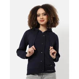 Campus Sutra Women Blue Hooded Solid Sweatshirt-picture-30