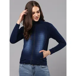 Campus Sutra Women Blue Washed Striped Windcheater Denim Jacket-picture-31