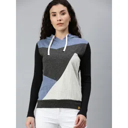Campus Sutra Women Charcoal Grey and Blue Colourblocked Hooded Sweatshirt-picture-42