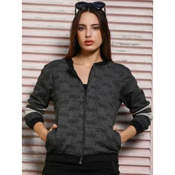 Campus Sutra Women Collarless Self Design Lightweight Bomber Cotton Jacket-picture-29