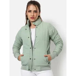 Campus Sutra Women Green Striped Windcheater Crop Outdoor Bomber with Patchwork Jacket-picture-35