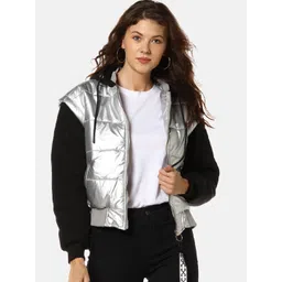 Campus Sutra Women Grey & Black Colourblocked Padded Jacket-picture-30