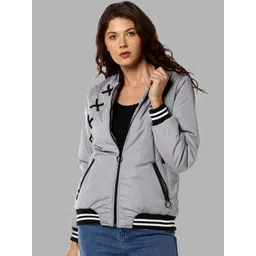 Campus Sutra Women Grey Black Striped Windcheater Outdoor Bomber Jacket-picture-37
