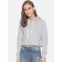 Campus Sutra Women Grey Solid Hooded Crop Sweatshirt-picture-19