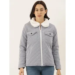 Campus Sutra Women Grey Solid Windcheater Biker Jacket image 1