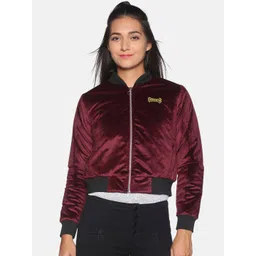 Campus Sutra Women Maroon & Black Windcheater Crop Bomber Jacket image 1