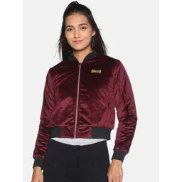 Campus Sutra Women Maroon & Black Windcheater Crop Bomber Jacket image 3