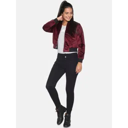Campus Sutra Women Maroon & Black Windcheater Crop Bomber Jacket image 5