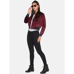 Campus Sutra Women Maroon & Black Windcheater Crop Bomber Jacket image 4