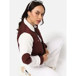 Campus Sutra Women Maroon White Colourblocked Windcheater Crop Bomber Jacket-picture-19