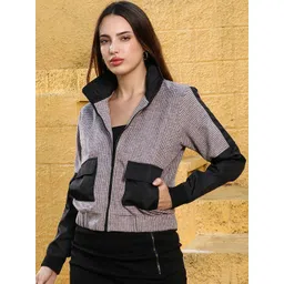 Campus Sutra Women Mock Collar Checked Lightweight Biker Jacket image 5