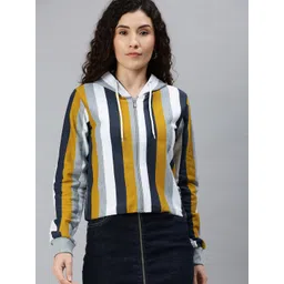 Campus Sutra Women Mustard Yellow & White Striped Hooded Sweatshirt-picture-23