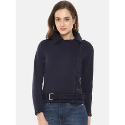 Campus Sutra Women Navy Blue Windcheater Crop Tailored Jacket-picture-22