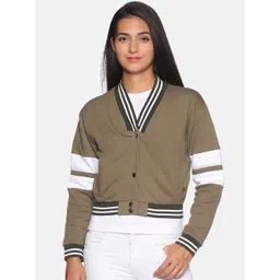 Campus Sutra Women Olive Green and White Regular Front-Open Sweatshirt-picture-26