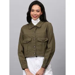 Campus Sutra Women Olive Green Checked Windcheater Crop Outdoor Denim Jacket-picture-28