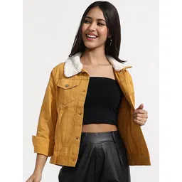 Campus Sutra Women Spread Collar Self Design Lightweight Sherpa Cotton Jacket-picture-15