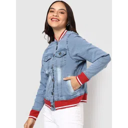 Campus Sutra Women Stand Collar Solid Lightweight Denim Cotton Jacket-picture-20