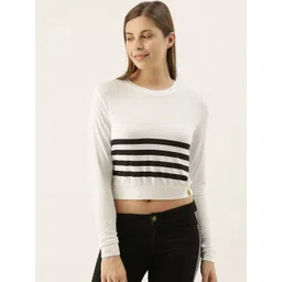 Campus Sutra Women White & Black Striped Round Neck Crop T-shirt-picture-24