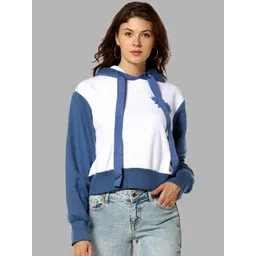 Campus Sutra Women White and Blue Printed Hooded Cotton Crop Sweatshirt-picture-32