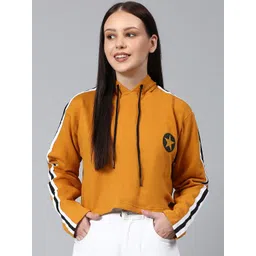 Campus Sutra Women Yellow Hooded Cropped Cotton Sweatshirt image 1