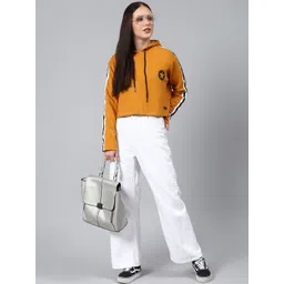 Campus Sutra Women Yellow Hooded Cropped Cotton Sweatshirt image 4