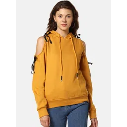 Campus Sutra Women Yellow Solid Hooded Sweatshirt-picture-20