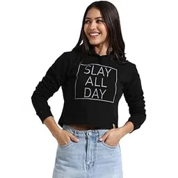 campus sutra Women's Black Slay All Day Hoodie with Ribbed Hem for Casual Wear | Hooded Neck | Long Sleeve | Drawstring Closure | Cotton Sweatshirt Crafted with Comfort Fit for Everyday Wear-picture-15