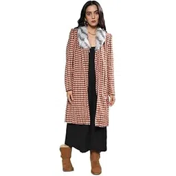 campus sutra Women's Chesnut Brown Houndstooth Long Coat With Faux Fur Neck For Casual Wear | Shawl Collar | Long Sleeve | Button Closure | Long Coat Crafted With Comfort Fit For Everyday Wear-picture-32