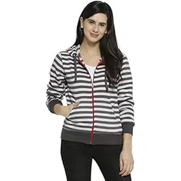 campus sutra Women's Grey Zip-Front Horizontal Striped Hoodie for Casual Wear | Hooded Neck | Long Sleeve | Zipper Closure | Cotton Sweatshirt Crafted with Comfort Fit for Everyday Wear-picture-13