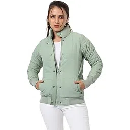 campus sutra Women's Pink Puffer Regular Fit Bomber Jacket For Winter Wear | Standing Collar | Full Sleeve | Buttoned | Casual Jacket For Woman & Girl | Western Stylish Jacket For Women-picture-11