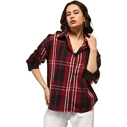 campus sutra Women's Polyester Blend Oversized Fit Shirt Buffalo-Check for Casual Wear | Spread Collar | Long Sleeves | Button Closure | Oversized Shirt Crafted with Comfort Fit for Everyday Wear-picture-40
