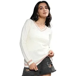 campus sutra Women's White Contrast Hem Knit Sweater for Casual Wear | V Neck | Long Sleeve | Pull On Closure | Acrylic Blend Sweater Crafted with Comfort Fit for Everyday Wear-picture-16