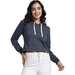 campus sutra Women's Zip-Front Crop Hoodie with Contrast Drawstring for Casual Wear | Hooded Neck | Long Sleeve | Drawstring Closure | Cotton Sweatshirt Crafted with Comfort Fit for Everyday Wear-picture-15