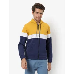 Campus Sutra Yellow & Blue Cotton Regular Fit Colour Block Hooded Sweatshirt-picture-37